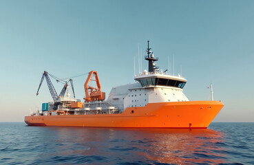 Naklejka premium Large orange research vessel with cranes on blue sea under clear sky. Ship operates in ocean during daylight hours. The modern boat serves for scientific exploration or offshore work.