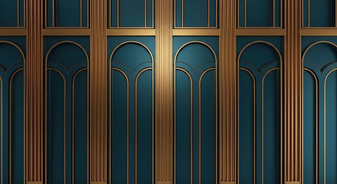 Luxury Art Deco Interior Wall Panel Design with Gold Arches and Dark Teal Texture Background