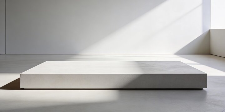 Modern concrete pedestal platform bathed in dramatic light and shadow, creating a stark minimalist aesthetic. Ideal for product placement, art displays, or architectural concepts.