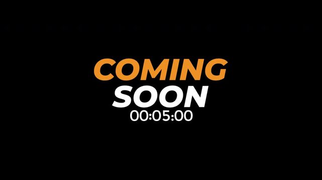 Coming soon text with a countdown timer on a black background. Ideal for website landing pages or social media posts. Great for building anticipation.