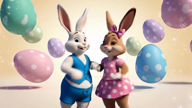 Dancing cartoon Easter bunnies on a light background. Easter concept, Easter for children
