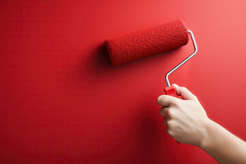 Obraz premium A hand firmly rolls a paint roller across a freshly coated bold red interior wall.