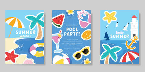 summer party invitation card vector. poster with Fruit , leaves, lobster, wine, cheese, tomato, crab, shell in line art. Design for wedding card, greeting card, cover, poster. © babeer