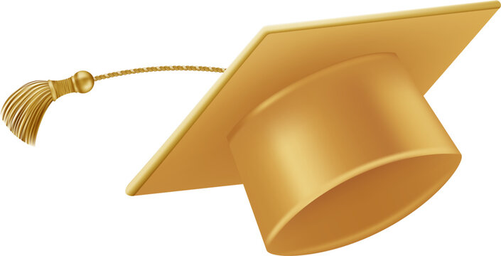 Graduates celebration. Flying golden graduate hats with tassels. 3d square academic caps from different angles. Vector illustration isolated on white background.