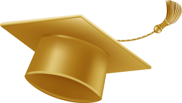 Graduates celebration. Flying golden graduate hats with tassels. 3d square academic caps from different angles. Vector illustration isolated on white background.
