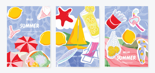 summer party invitation card vector. poster with Fruit , leaves, lobster, wine, cheese, tomato, crab, shell in line art. Design for wedding card, greeting card, cover, poster. © babeer