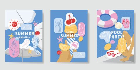 summer party invitation card vector. poster with Fruit , leaves, lobster, wine, cheese, tomato, crab, shell in line art. Design for wedding card, greeting card, cover, poster. © babeer