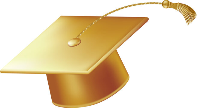 Graduates celebration. Flying golden graduate hats with tassels. 3d square academic caps from different angles. Vector illustration isolated on white background.