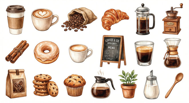 Watercolor clip art set, Coffee Shop theme, collection of 18 items
