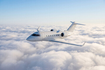 Fototapeta premium White private jet flying above soft clouds in a clear blue sky, luxury business aviation and VIP charter travel concept with wide copy space, modern aircraft in flight