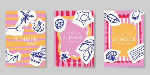 Italy summer party invitation card vector. Italian poster with lemon, leaves, lobster, wine, cheese, tomato, crab, shell in line art. Design for wedding card, greeting card, cover, poster. © babeer