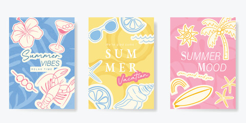 summer party invitation card vector. poster with Fruit , leaves, lobster, wine, cheese, tomato, crab, shell in line art. Design for wedding card, greeting card, cover, poster. © babeer