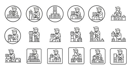 Obraz premium Line art icons of a person building various structures with toy blocks, depicting creativity and play.