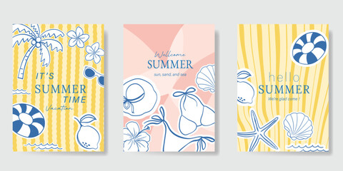 Italy summer party invitation card vector. Italian poster with lemon, leaves, lobster, wine, cheese, tomato, crab, shell in line art. Design for wedding card, greeting card, cover, poster. © babeer