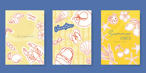 Italy summer party invitation card vector. Italian poster with lemon, leaves, lobster, wine, cheese, tomato, crab, shell in line art. Design for wedding card, greeting card, cover, poster. © babeer