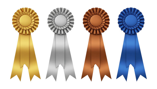 Four colorful ribbons with rosettes on isolated transparent background