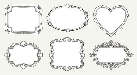 Set of six hand-drawn ornate frames with heart details and decorative scrollwork, perfect for vintage-style designs and invitations.