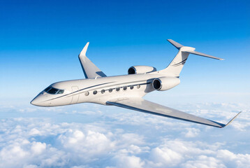 Obraz premium White private jet flying above clouds in a blue sky, luxury business aviation and VIP charter travel concept with clean copy space, modern aircraft in flight
