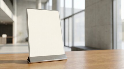 Fototapeta premium Blank tabletop display screen mockup on a wooden desk in a bright, minimalist interior.