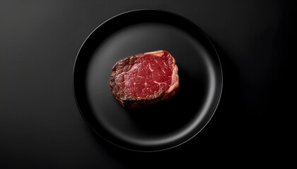 Gourmet grilled steak on black plate, top view, culinary delight
