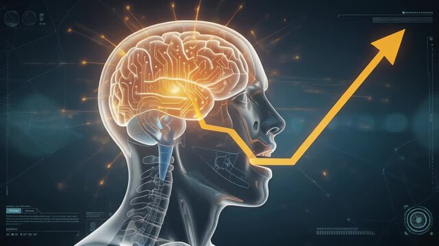Human brain health and growth concept with glowing brain and upward arrow showing mental progress