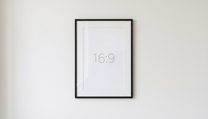 Fototapeta premium Elegant black picture frame with a 16:9 aspect ratio, presented on a minimalist white wall with crisp shadows, ideal for modern displays.