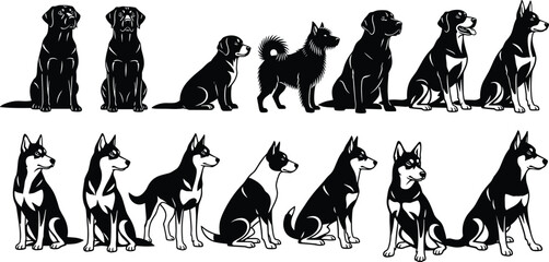 Black and White Dog Breed Silhouette Set Featuring Labrador Retriever Husky Beagle and Shepherd Vectors for Icons and Graphic Design © MDNASIR