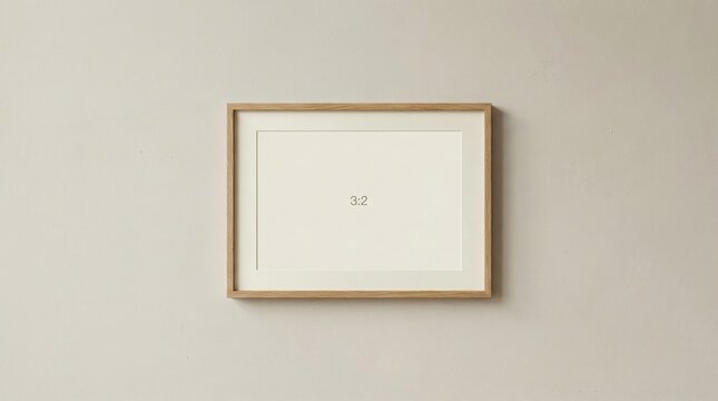 Horizontal light wood framed artwork with a 3:2 aspect ratio and mat, on a neutral beige wall for a calm aesthetic.