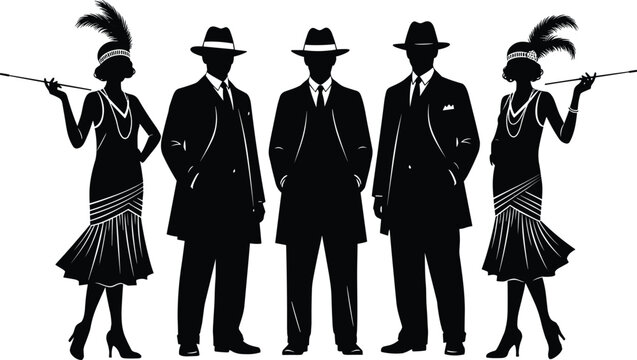 1920s Great Gatsby Style Silhouette Group Featuring Flapper Girls with Feathers and Men in Suits and Fedora Hats for Parties