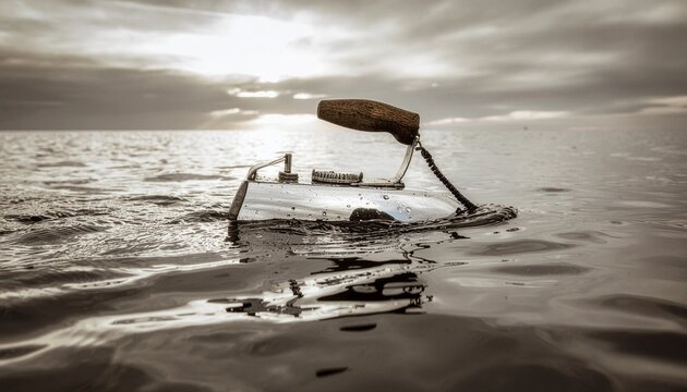 A partially submerged boat, possibly a shipwreck, floats in calm water under a cloudy sky, conveying a sense of desolation.