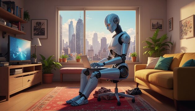 A humanoid robot sits on a chair, working on a laptop in a modern apartment with a city skyline view.