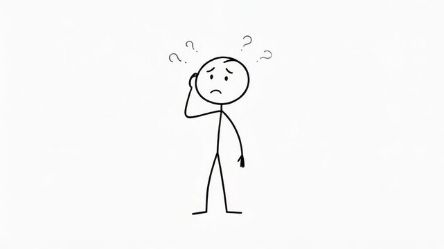 Confused stick figure person with question marks around head expressing uncertainty and doubt