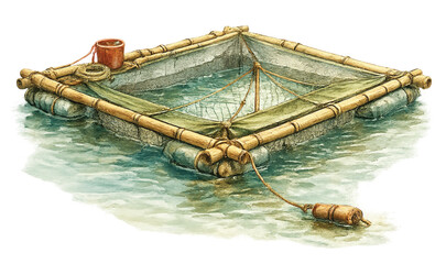 Fototapeta premium Traditional Thai Floating Fish Cage Watercolor Isolated on Transparent Background