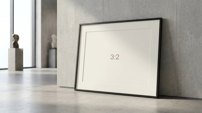 Modern gallery setting mockup with a black framed 3:2 aspect ratio artwork leaning against a polished concrete wall with artistic sculptures.