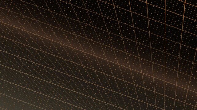 Abstract grid pattern with small dots; golden lines and dots on a dark brown background