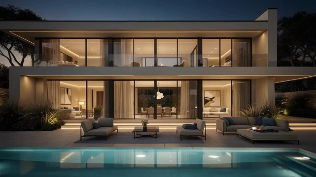 Luxurious modern house with large glass windows and outdoor pool at night in elegant setting