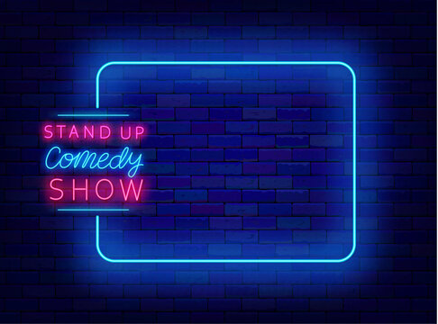 Stand up comedy show neon flyer. Comedian party. Empty blue frame. Shiny banner for comic performance. Laugh concert. Copy space. Editable stroke. Vector stock illustration