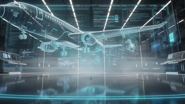 Futuristic airplane blueprint hologram in advanced aviation technology design lab with digital interface