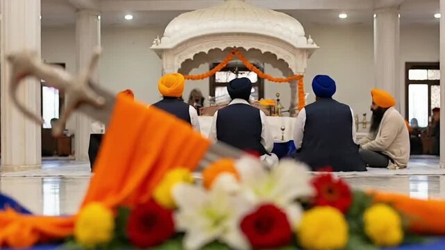Vaisakhi background with ceremonial sword and flowers arranged symbolically