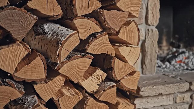 Stacked firewood logs next to a cozy stone fireplace with glowing embers