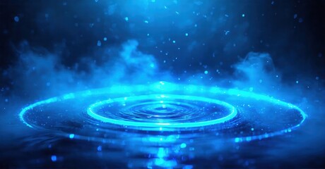 Fototapeta premium Bright blue water ripples radiate outward. Dark background emphasizes glowing circular waves, creating dramatic effect.