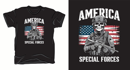 Obraz premium America special forces t-shirt design with skull soldier holding rifle in front of american flag graphic print