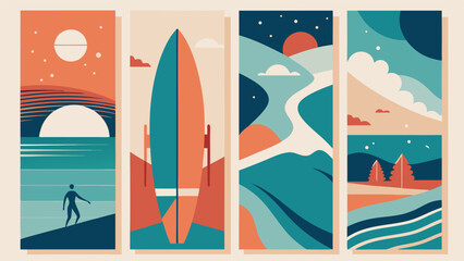 Minimalist Illustration of a Woman with Surfboard on Tropical Beach.eps