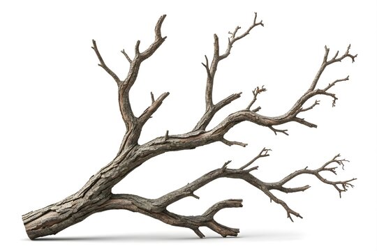 A brown tree branch with no leaves on a white background