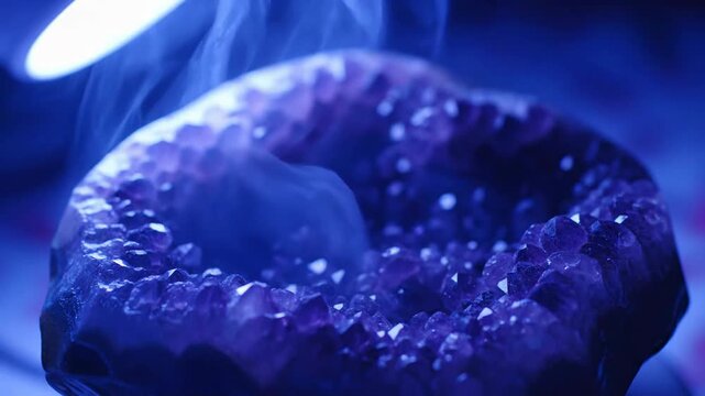 Amethyst geode with vibrant purple crystals and mysterious smoke, mineral specimen display.