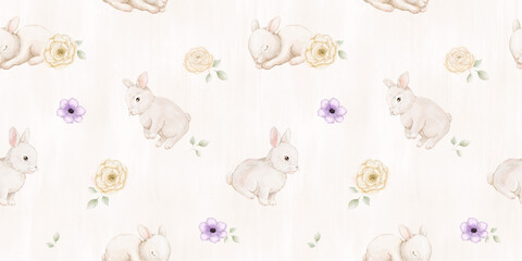 Seamless pattern with cute bunny and spring flowers for nursery decor, and newborn fabric, hand drawn illustrations on white background