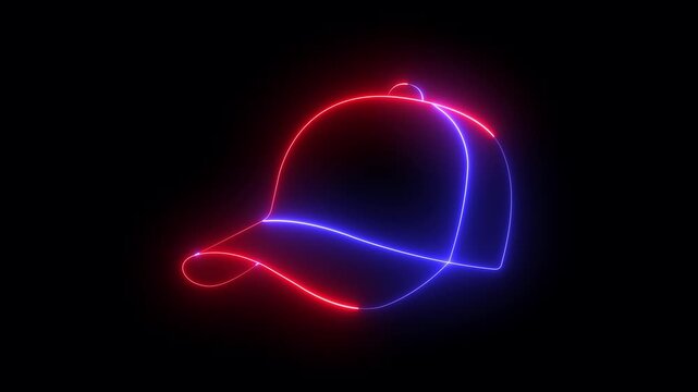 Glowing neon Baseball cap icon isolated on black background. sports cap icon. uniform cap or hat icon. baseball uniform cap, representing sports and leadership. 4k video animation.