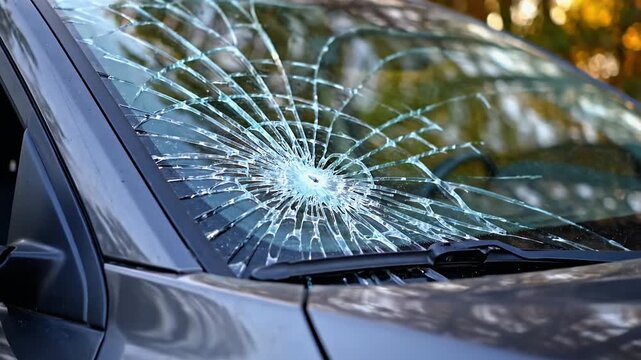 Broken car windshield with spider web cracks outdoors