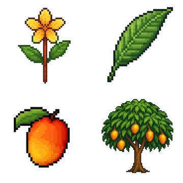 Pixel art style tree set shows tropical fruit leaf flower and mango tree in warm vibrant tone evoking playful nature charm