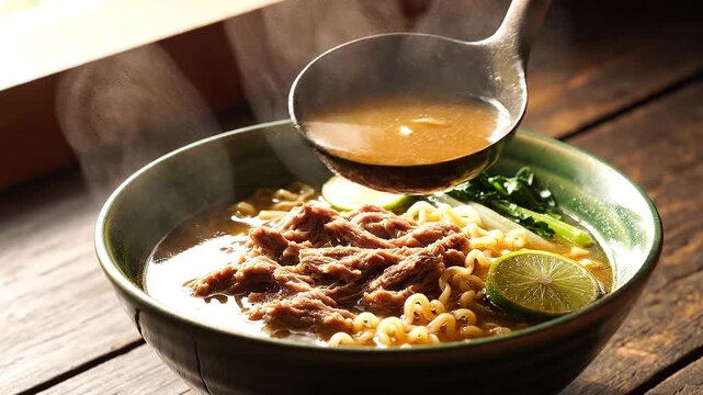Hot Beef Soup with Steam in Bowl Close Up